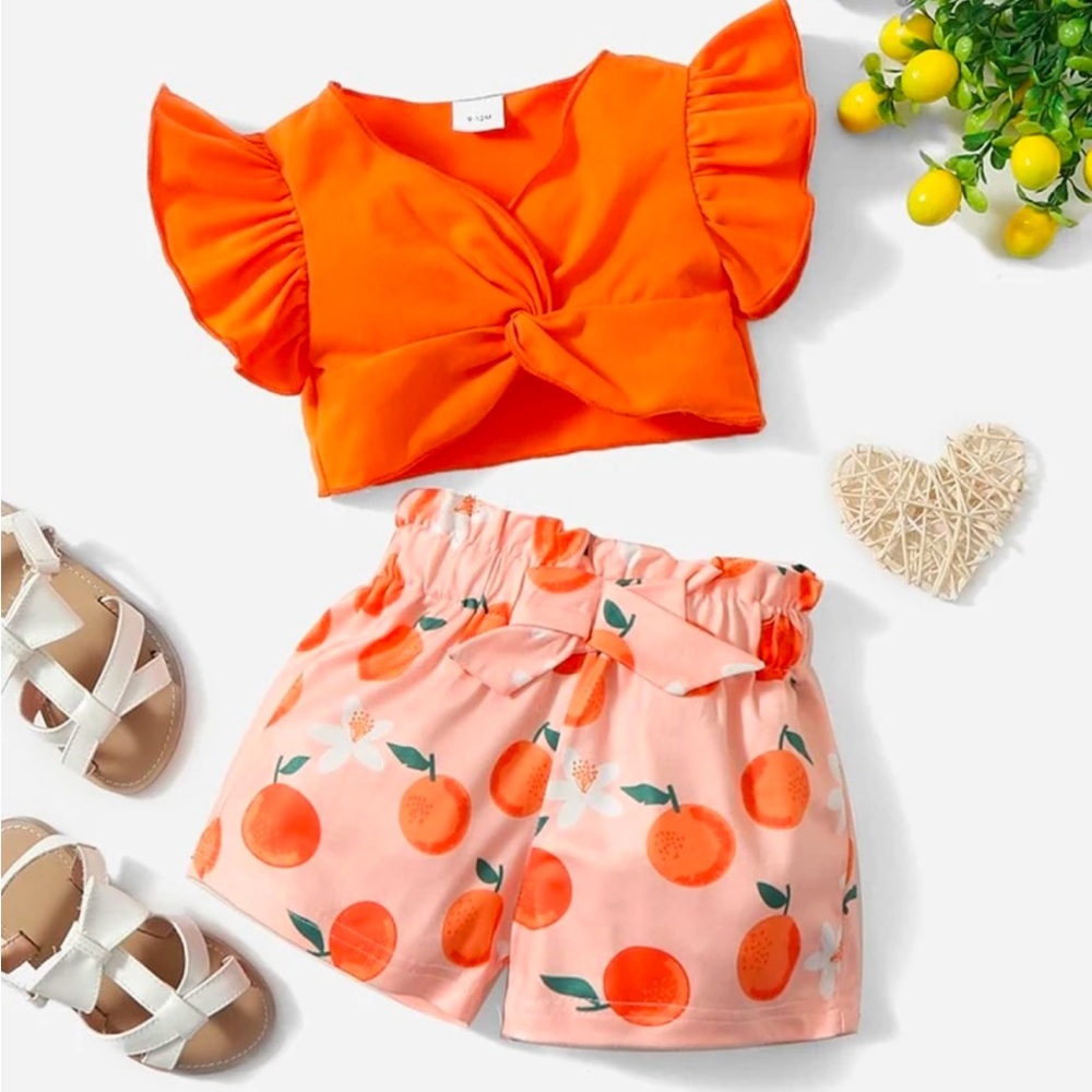NWT Twist Flutter Sleeve Top & Orange Print Paperbag Waist Shorts sz 18 months